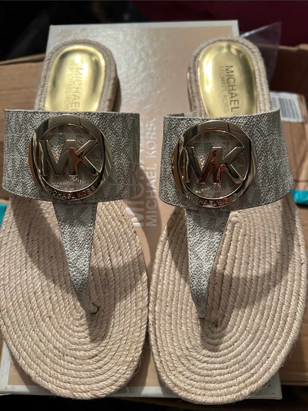 Michael Kors Beige and Gold Logo Thong Sandals